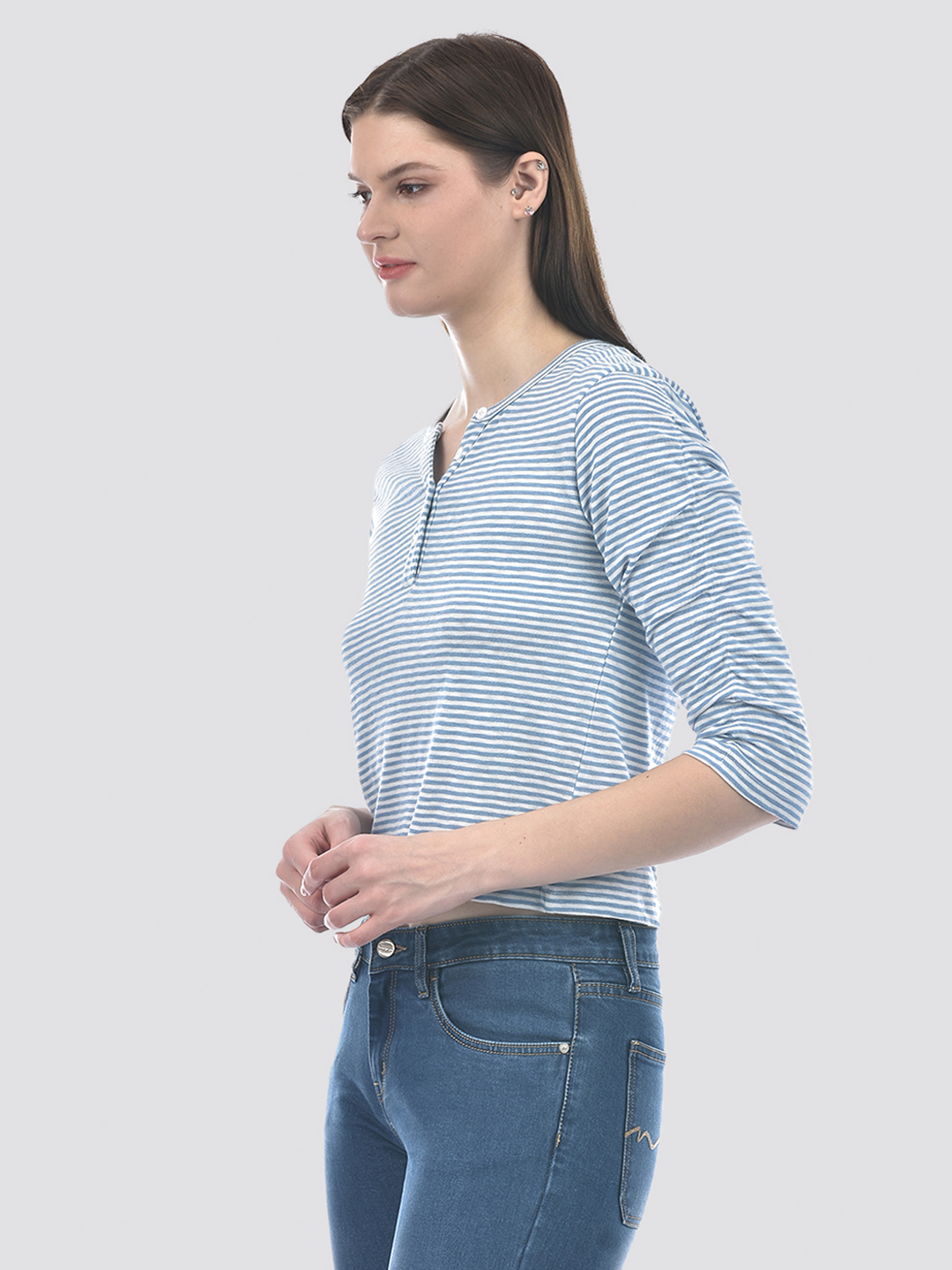 Numero Uno Women Blue & White Striped Henley T-Shirt